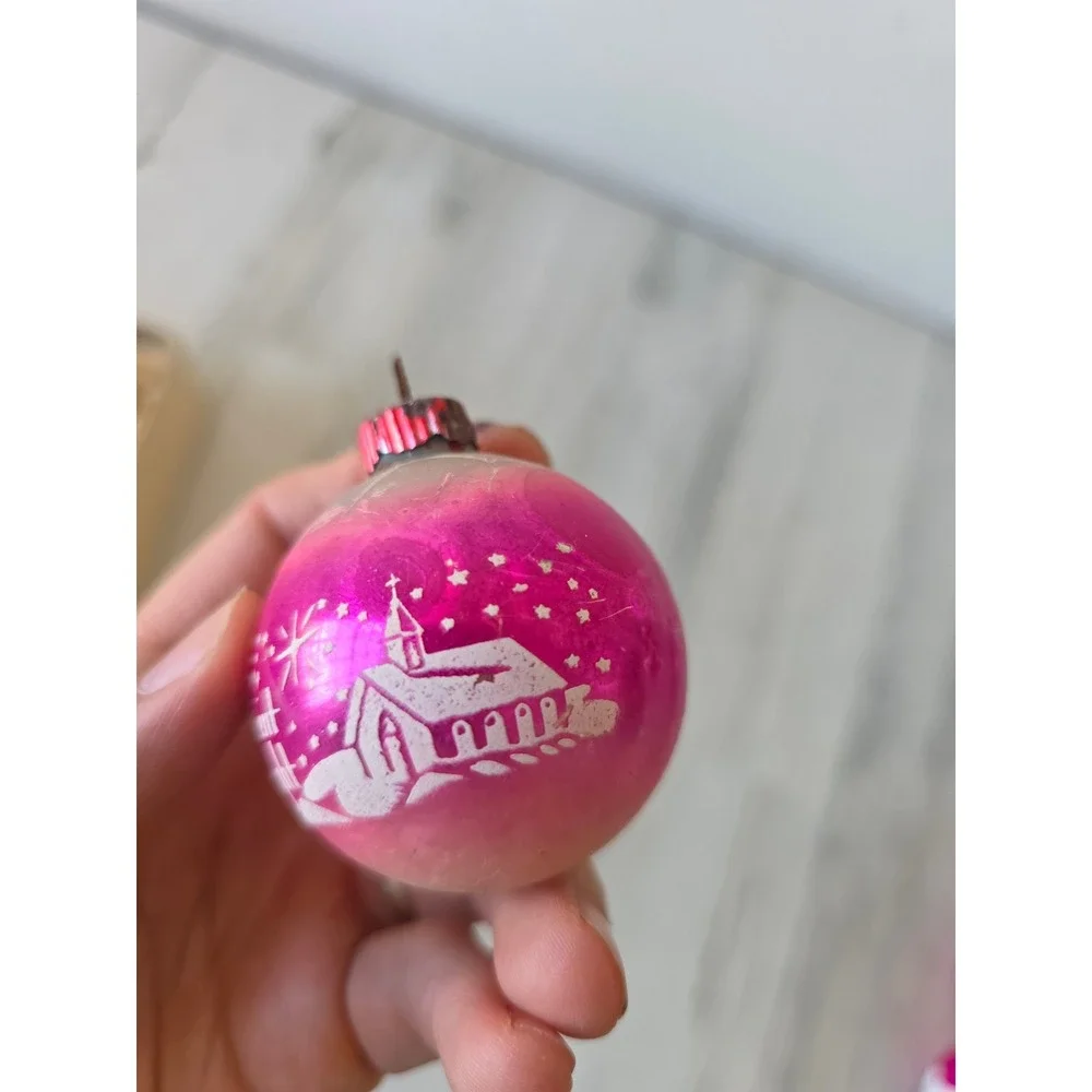 Vintage shiny brite silent night unsilvered stencil pink ombre ornament church